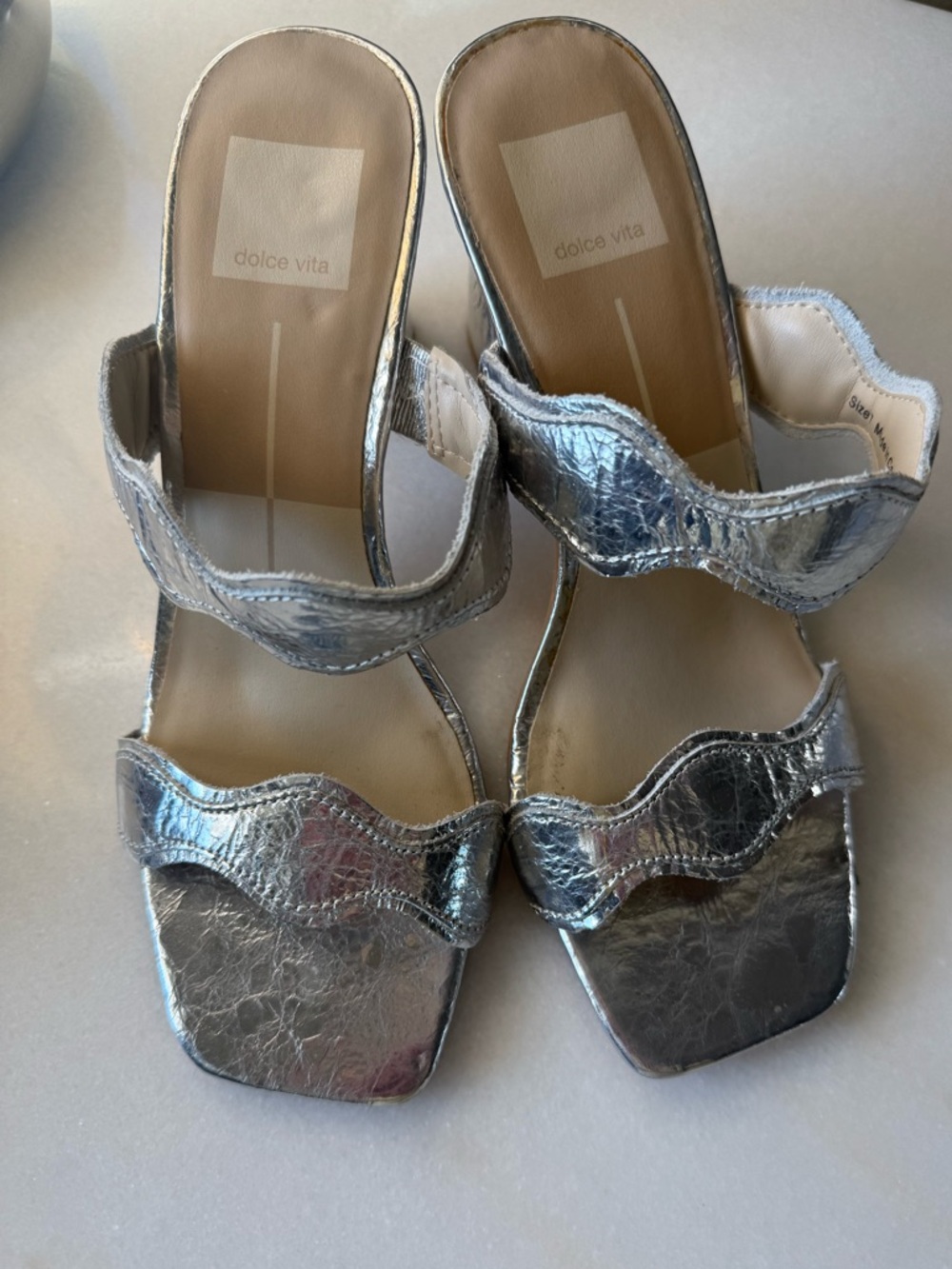 Dolce Vita Metallic Silver Wavy Double-Strap Mules